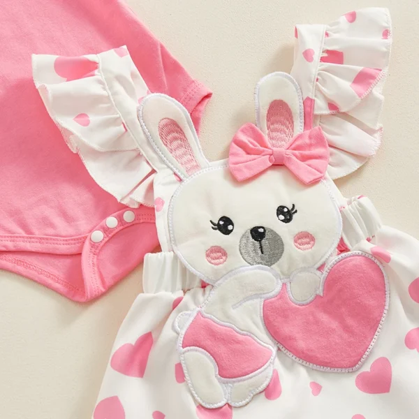 Pudcoco Infant Baby Girl Easter Outfits Short Sleeve Romper Ruffle Bodysuit Bunny Suspender Skirt Headband 0-18M - Image 5