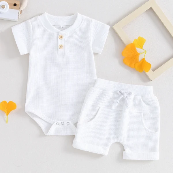 Pudcoco Toddler Newborn Baby Boy Summer Clothes Solid Color Waffle Short Sleeve Button Romper with Shorts 2Pcs Outfit 0-12M - Image 6