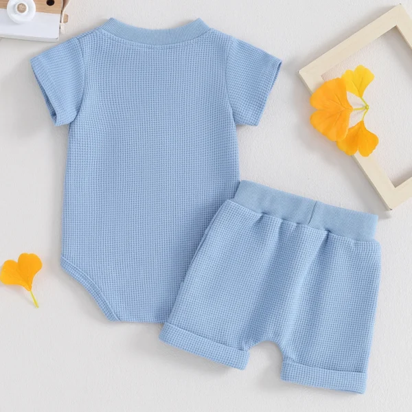 Pudcoco Toddler Newborn Baby Boy Summer Clothes Solid Color Waffle Short Sleeve Button Romper with Shorts 2Pcs Outfit 0-12M - Image 3