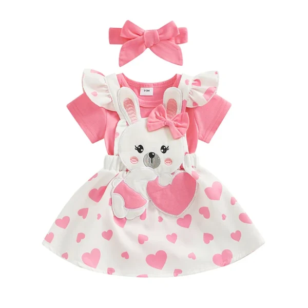 Pudcoco Infant Baby Girl Easter Outfits Short Sleeve Romper Ruffle Bodysuit Bunny Suspender Skirt Headband 0-18M