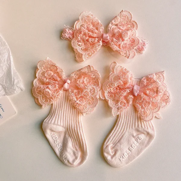 2pcs Bow Lace Baby Socks Newborn Cotton Baby Girls Sock Headband Cute Princess Style Toddler Socks Baby Accessories For Children - Image 2